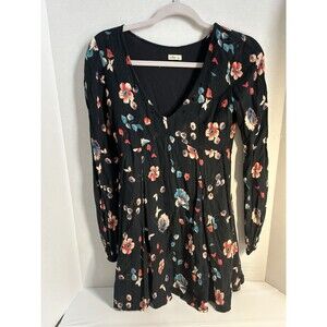 Hollister Black Floral Long Sleeve Mini Dress Small V-Neck Boho Fit & Flare